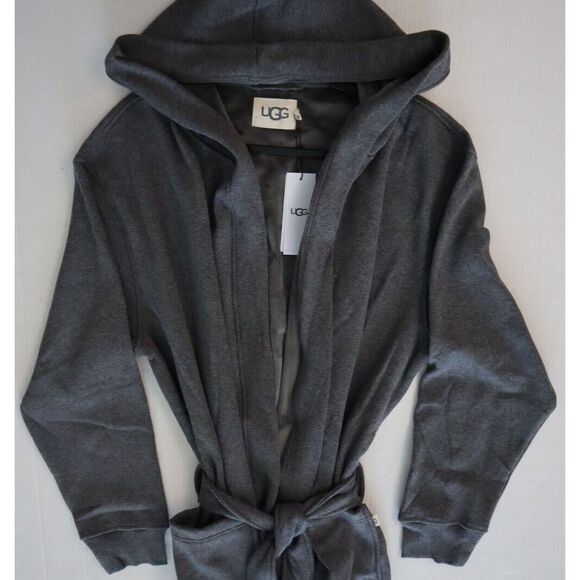 UGG Men's Sz L/XL Charcoal Heather Gray Leeland Hooded Cotton Blend Robe - Picture 12 of 15